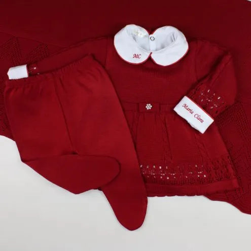Saída De Maternidade Feminina Bebê Tricô 7 Peças Helena - ACOMPANHA BODY PERSONALIZADO                                                                        Vermelha