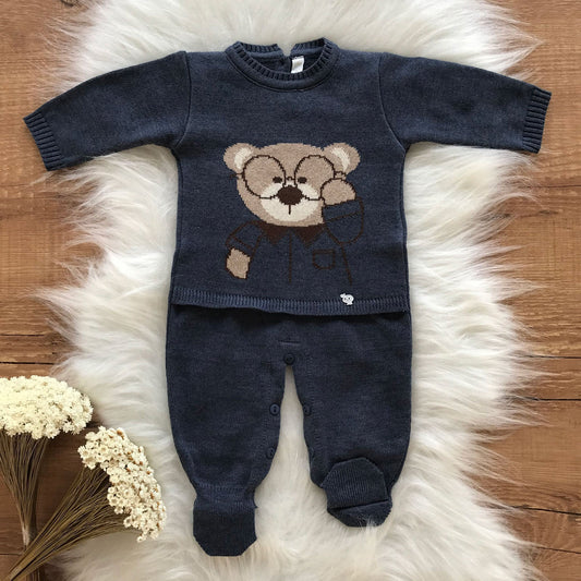Saida Maternidade Urso com Óculos Premium Azul Indigo